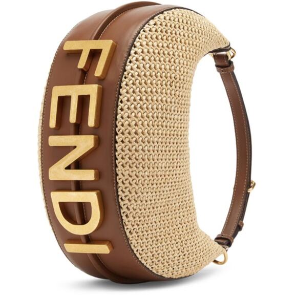 NEW FENDI FF FENDIGRAPHY SUMMER RAFFIA LEATHER SMALL HOBO BROWN LEATHER BAG NWT! - Picture 1 of 15